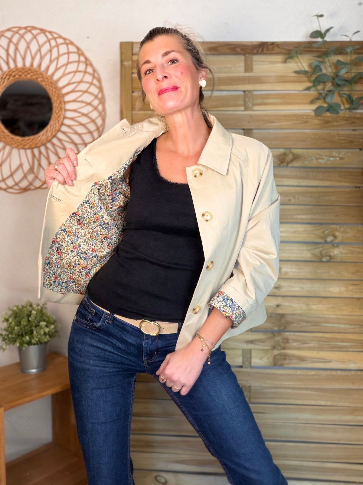 Veste Trench en coton beige avec Liberty - MARION (Taille 2 ans à la Taille XL)