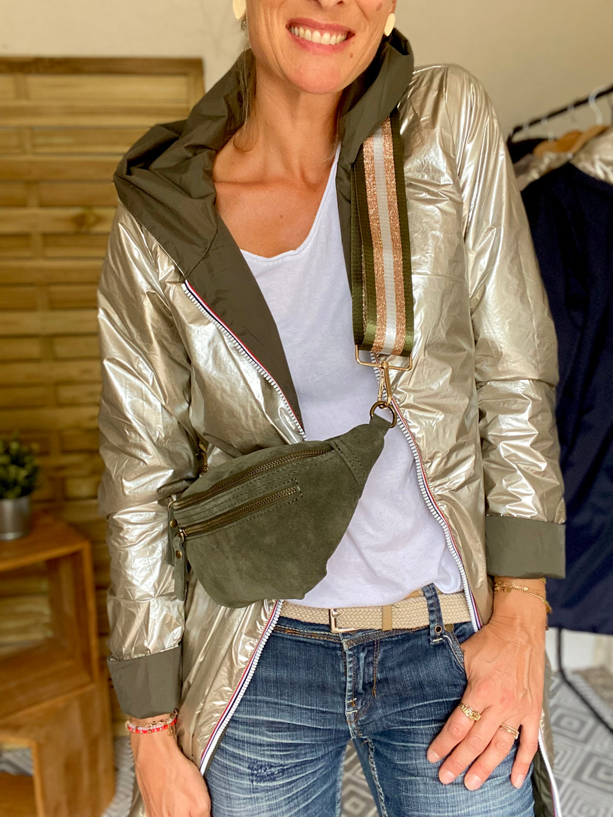 Sac banane double poche en cuir daim - OPALINE - Kaki foncé