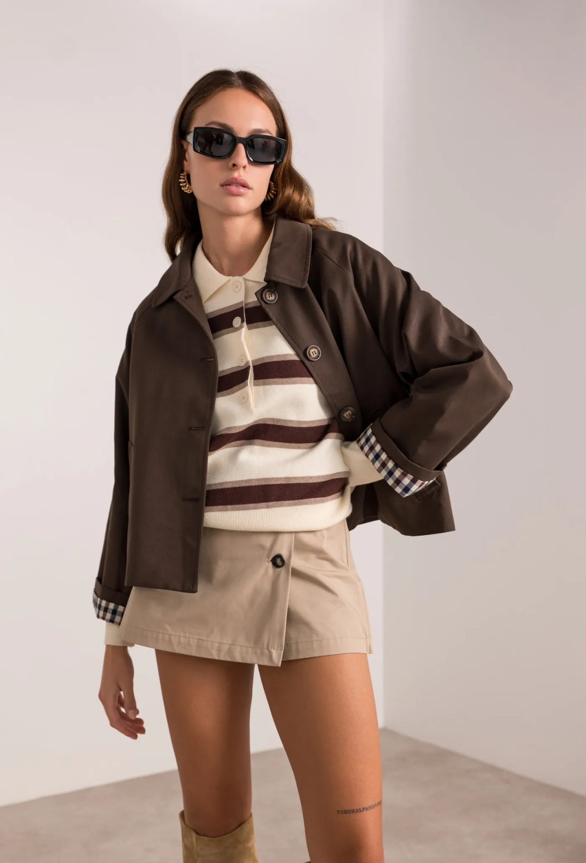 Veste Trench en coton, revers carreaux - YSEULT court Chocolat