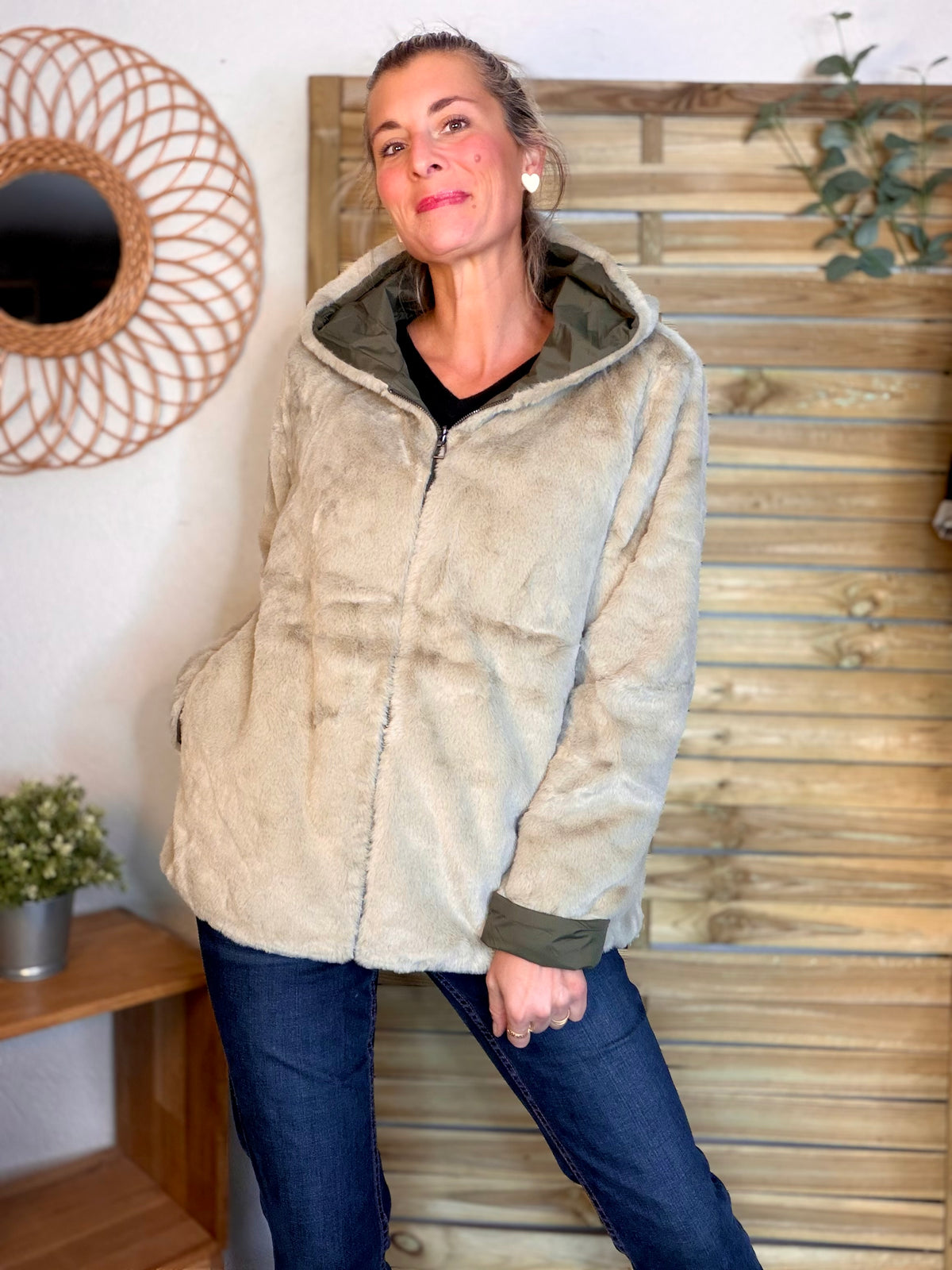 LAURA JO - Parka Imperméable réversible fourrée Kaki / Beige ALIX Court