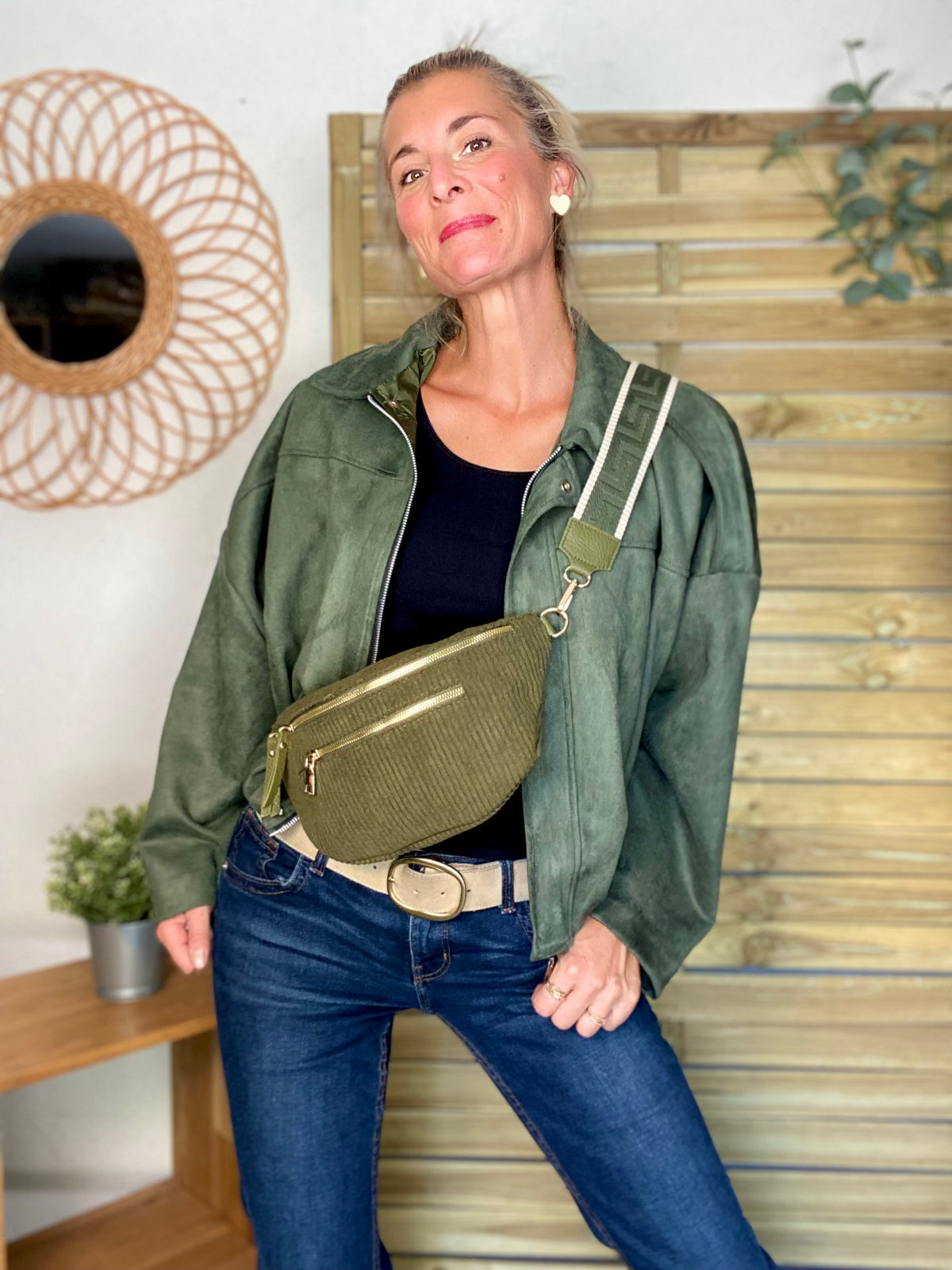 Sac banane L en velours côtelé 2 zips et sangle fantaisie - ASHLY - Kaki