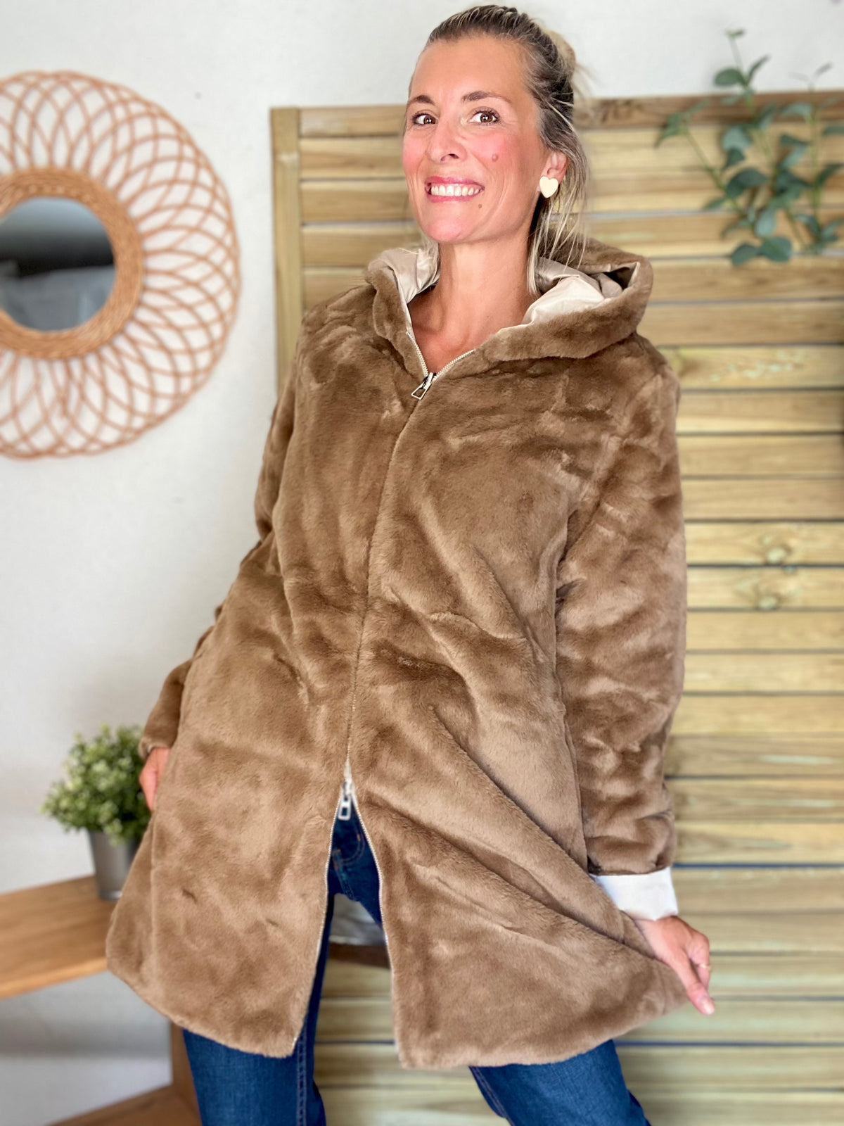 LAURA JO - Parka Imperméable réversible fourrée Sable irisé / Camel ALIX Long