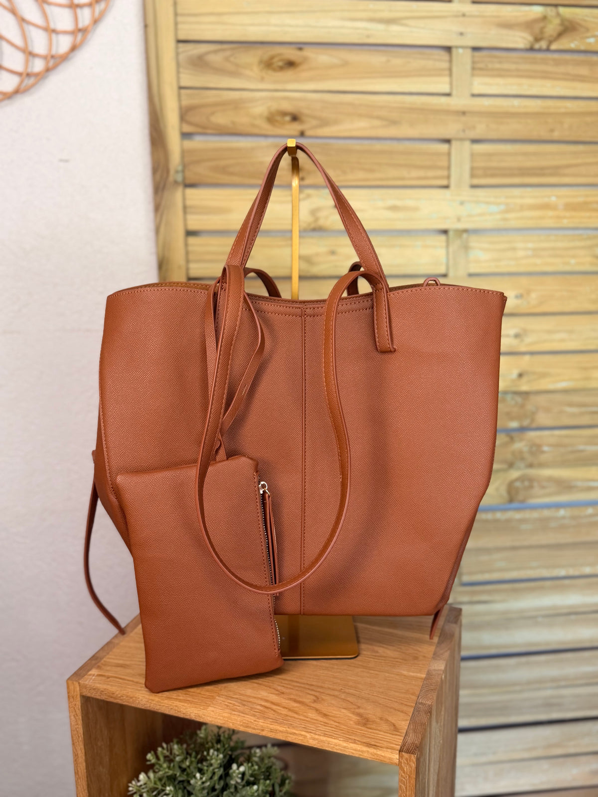 Grand Sac cabas 2 en 1 en simili cuir grainé - PAULE Camel grainé