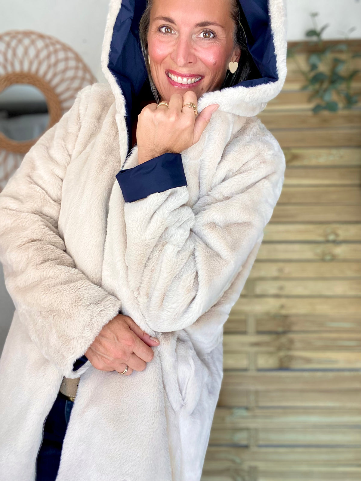 LAURA JO - Parka Imperméable réversible fourrée Bleu marine / Beige ALIX Long