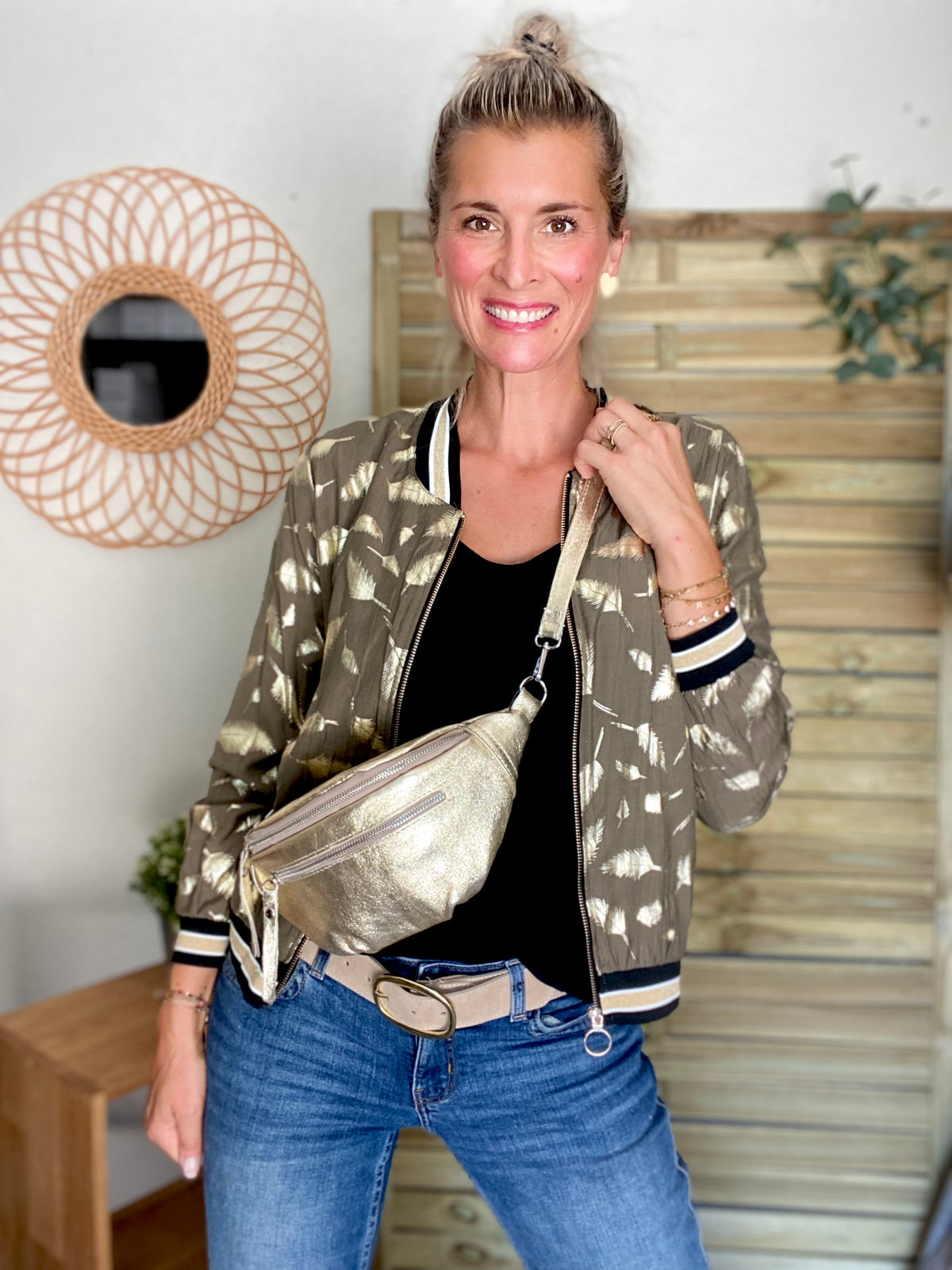 Sac banane en cuir irisé double poche - OPALE - Doré / argent