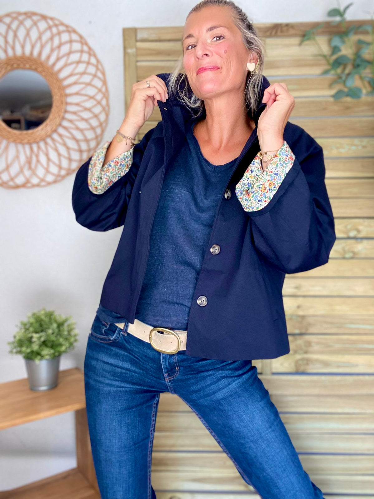 Veste Trench en coton bleu marine avec Liberty - MAHAUT- LILI et LALA