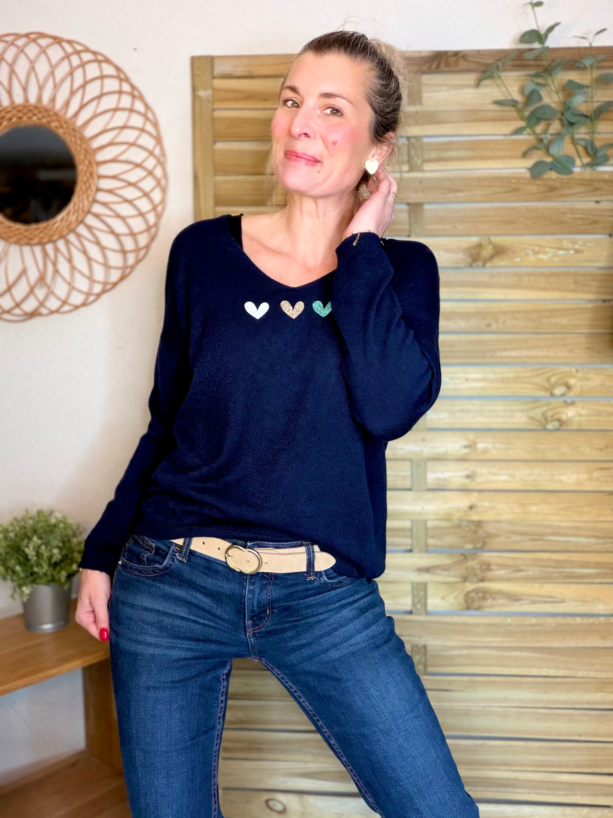 Pull fin 3 cœurs 💛 BERTILLE - Marine - FIN DE SÉRIE