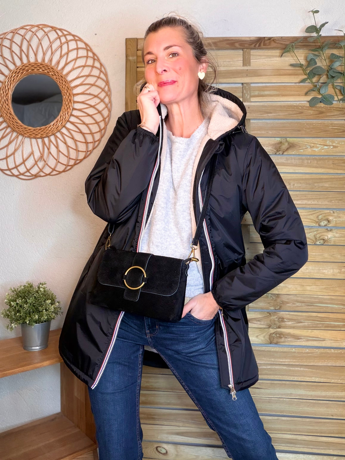 LAURA JO - Parka Imperméable LOUISE LONG Sherpa écru - Noir • DÉSTOCKAGE sur Taille L