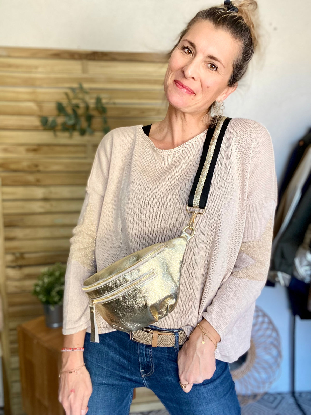 Sac banane en cuir irisé double poche - ERYN fronces - Doré