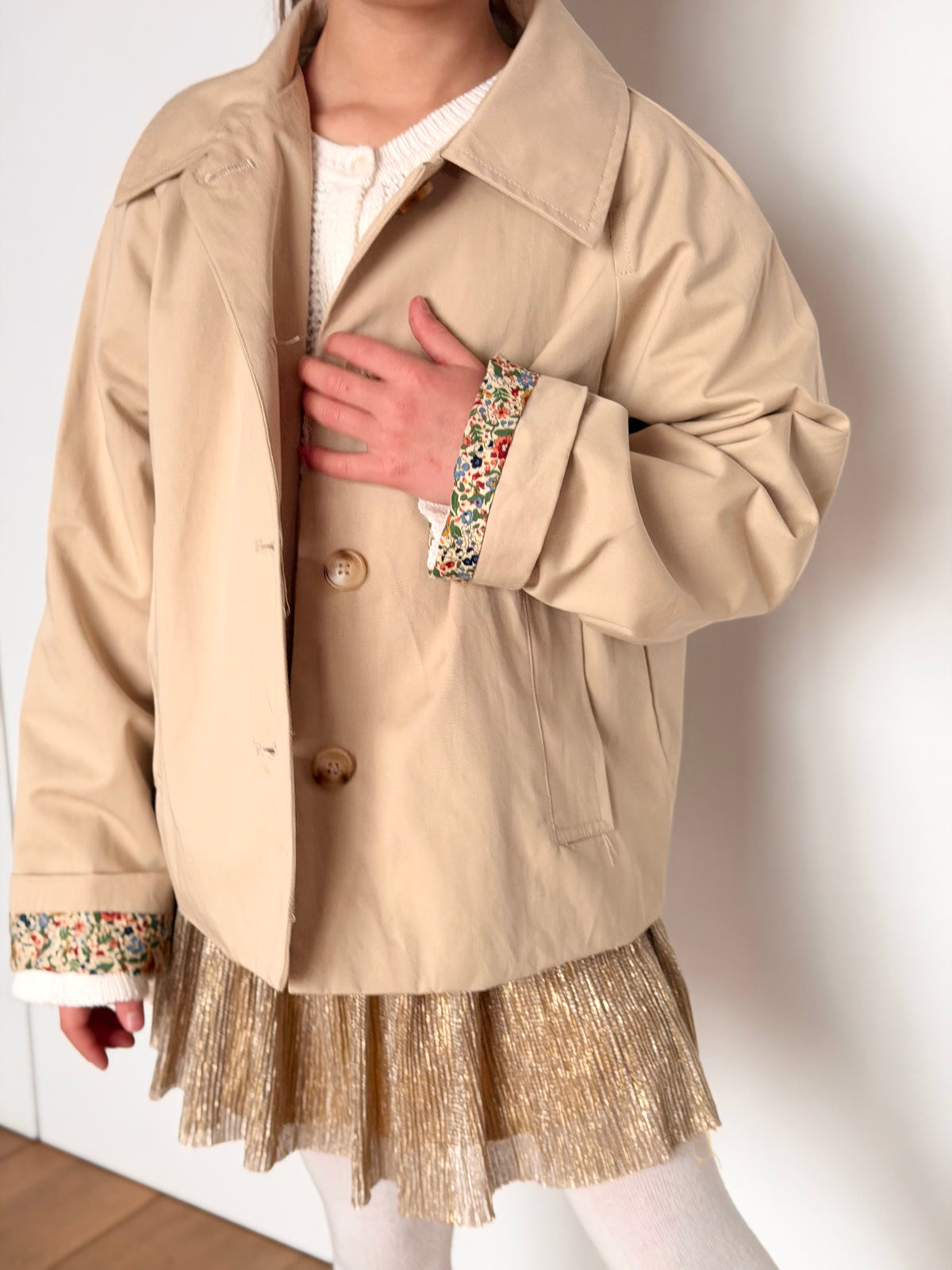 Veste Trench en coton beige avec Liberty - MARION (Taille 2 ans à la Taille XL)