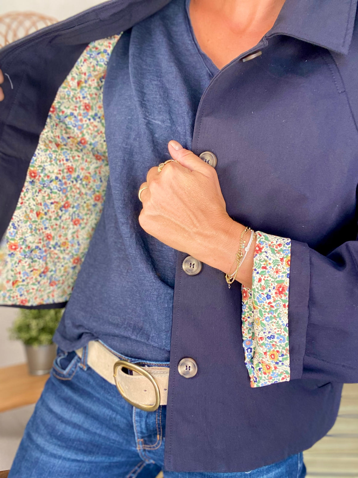 Veste Trench en coton bleu marine avec Liberty - MAHAUT- LILI et LALA