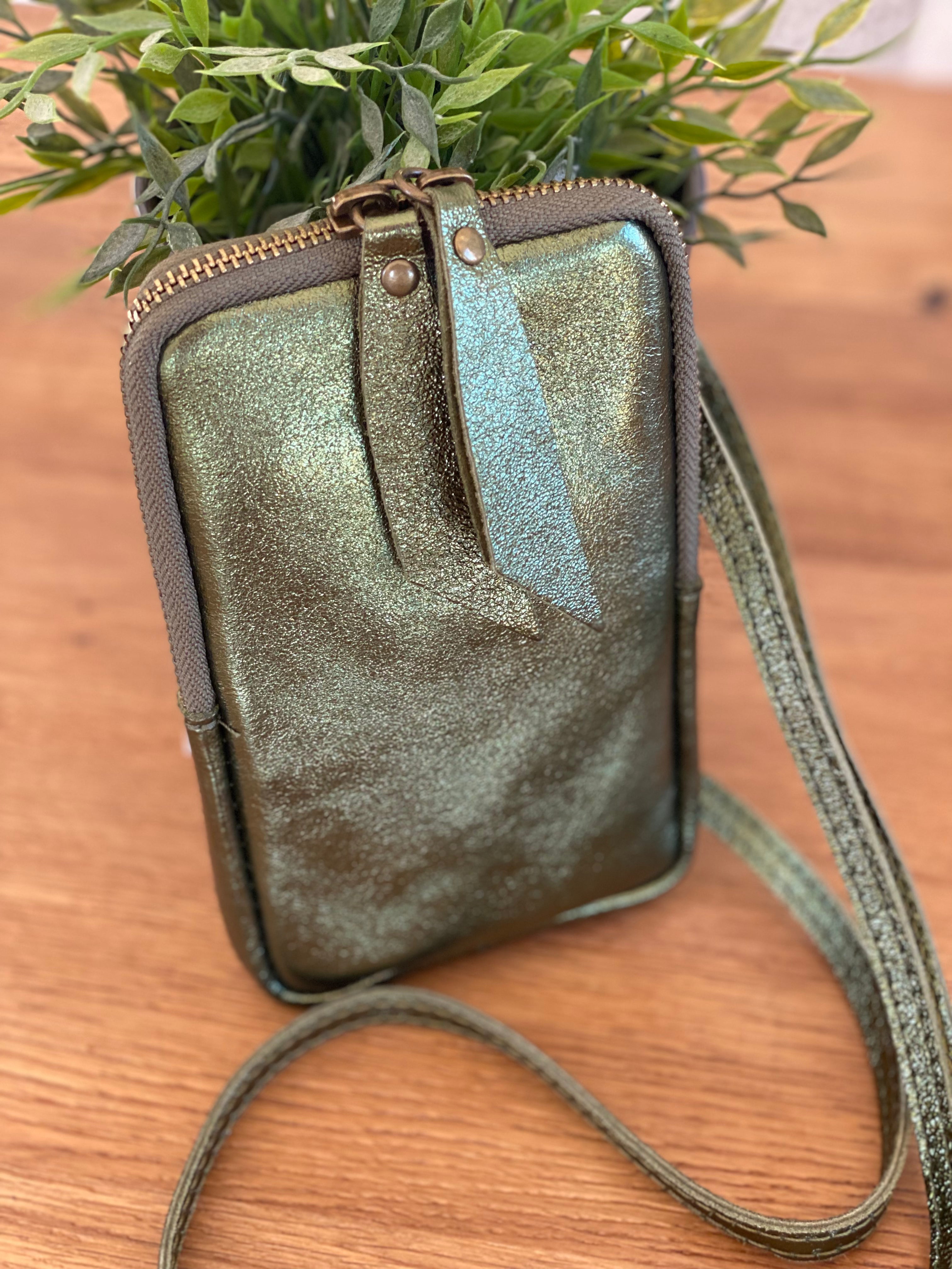 Pochette bandoulière pour téléphone en cuir irisé - STELLA - Kaki - FIN DE SÉRIE