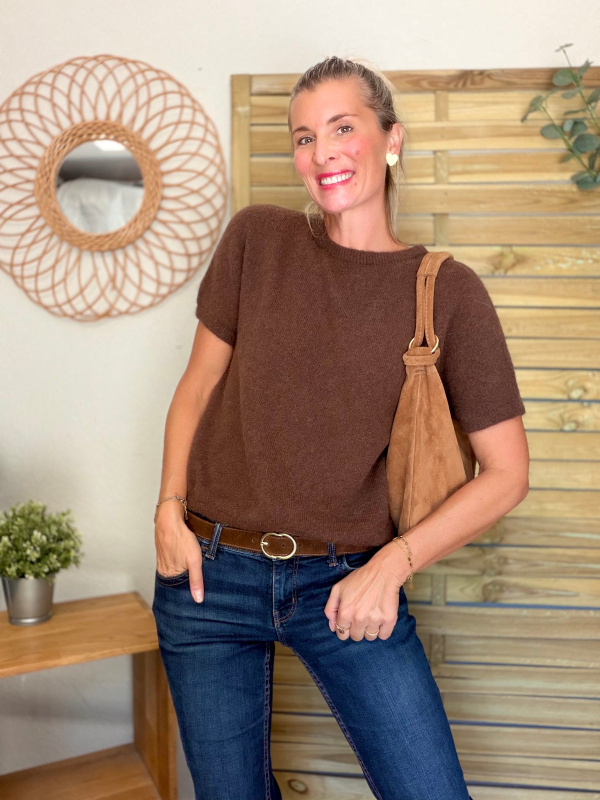 Sac besace hobo en cuir daim souple avec anneaux WILLIAM - Camel