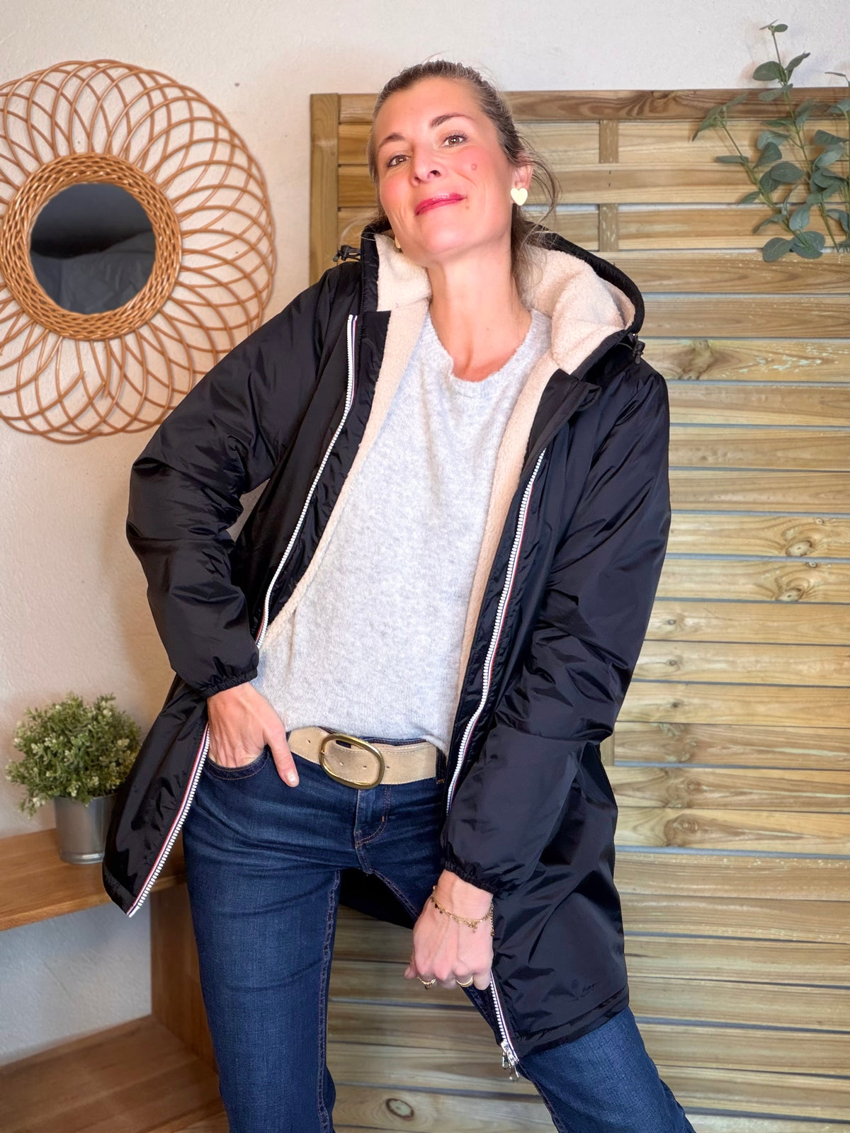LAURA JO - Parka Imperméable LOUISE LONG Sherpa écru - Noir • DÉSTOCKAGE sur Taille L