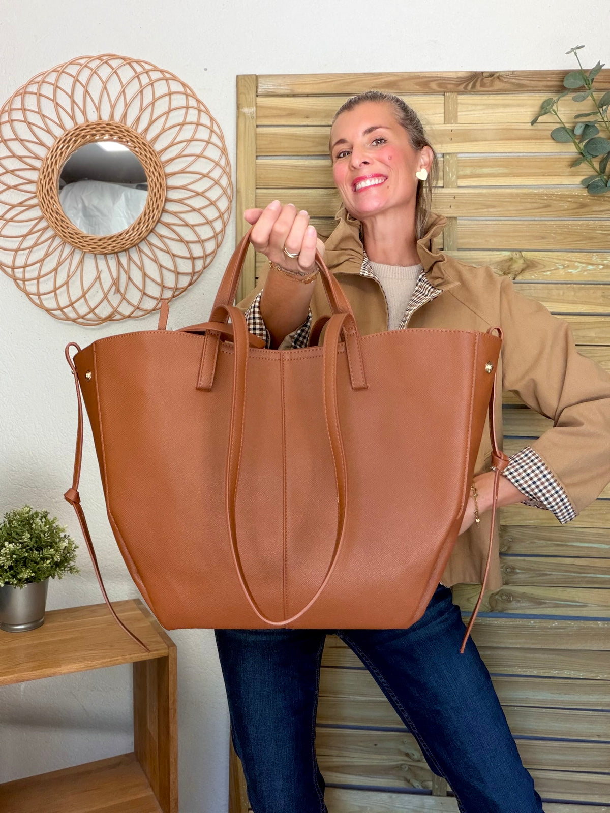 Grand Sac cabas 2 en 1 en simili cuir grainé - PAULE Camel grainé