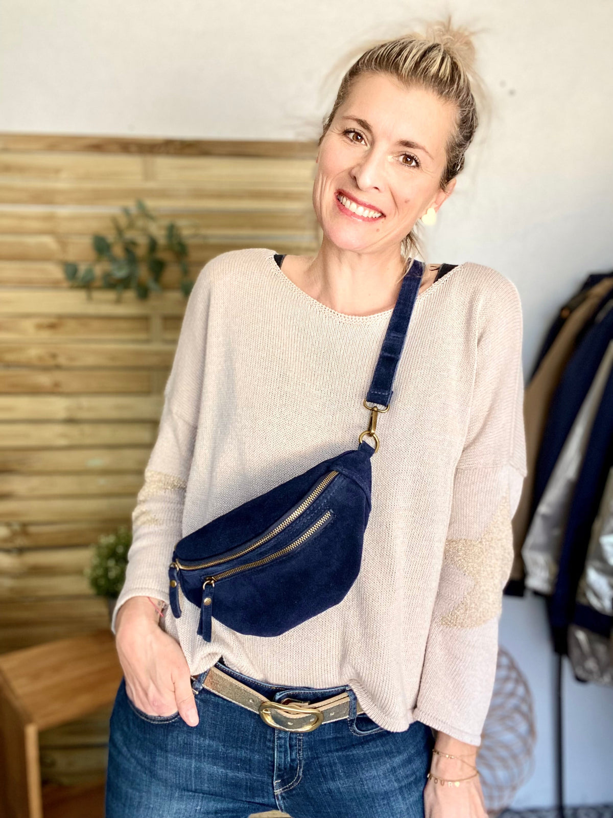 Sac banane double poche en cuir daim - OPALINE - Bleu nuit
