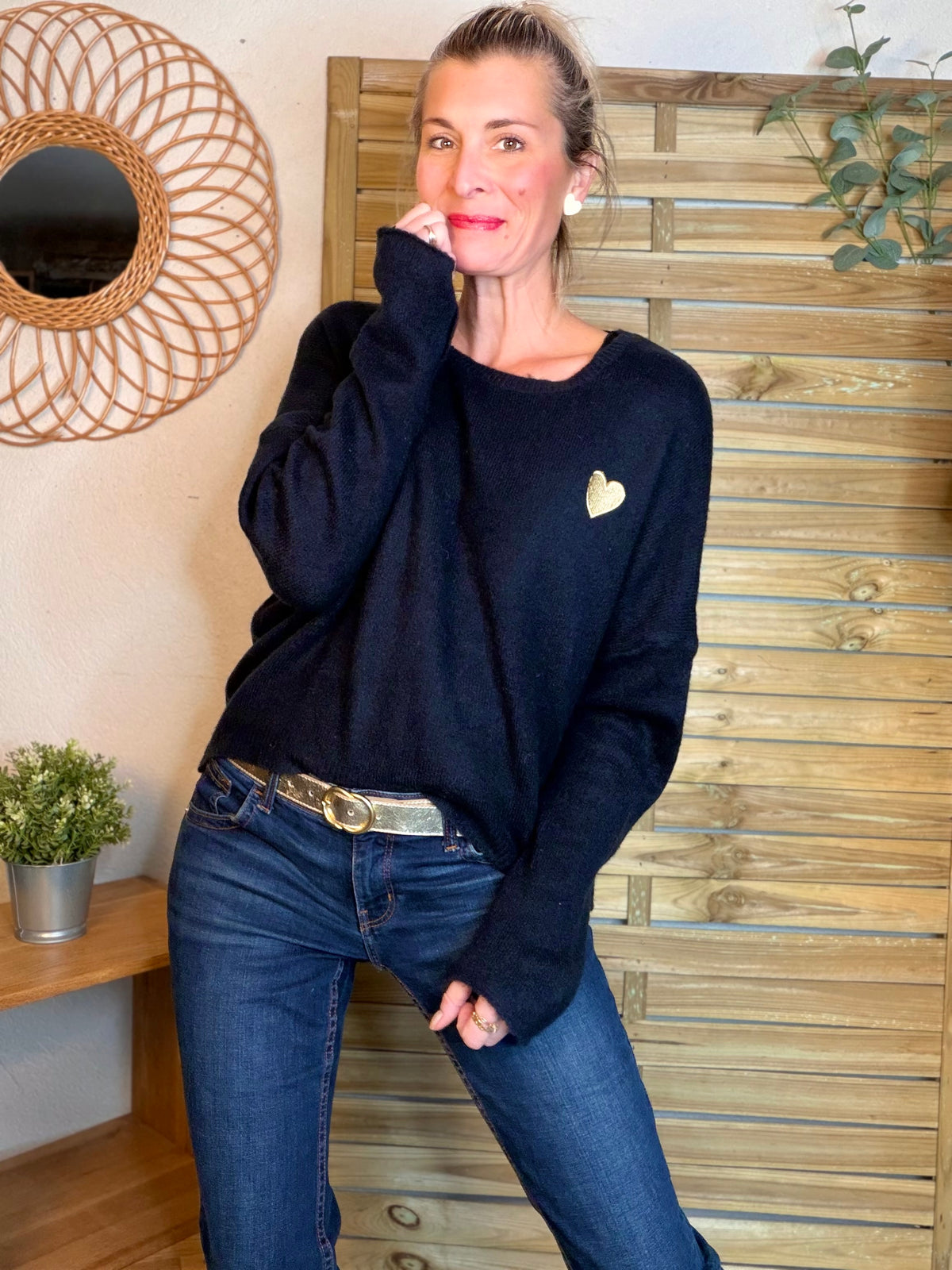 Pull léger en maille cœur doré brodé 💛 MELISSA - Bleu marine