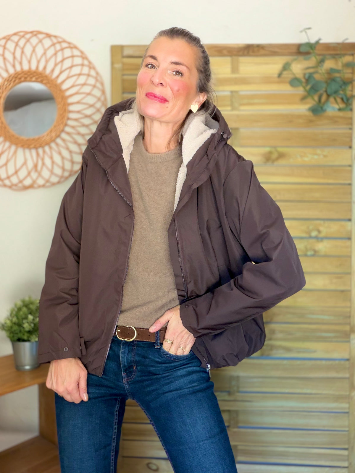 LAURA JO - Imperméable fourré sherpa EVA court - Chocolat