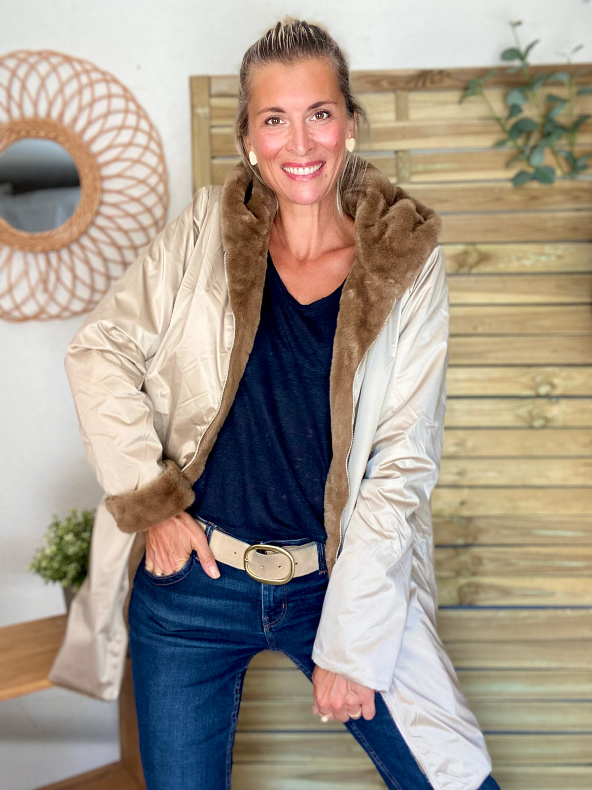 LAURA JO - Parka Imperméable réversible fourrée Sable irisé / Camel ALIX Long