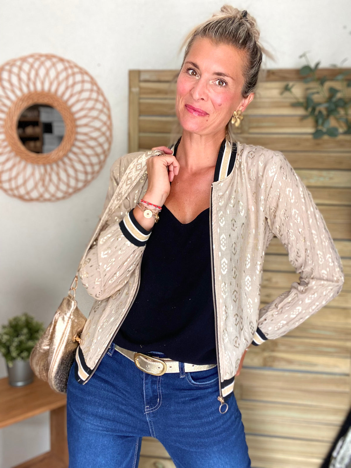 Veste bombers léger EMILY - imprimé Doré Beige (losanges)