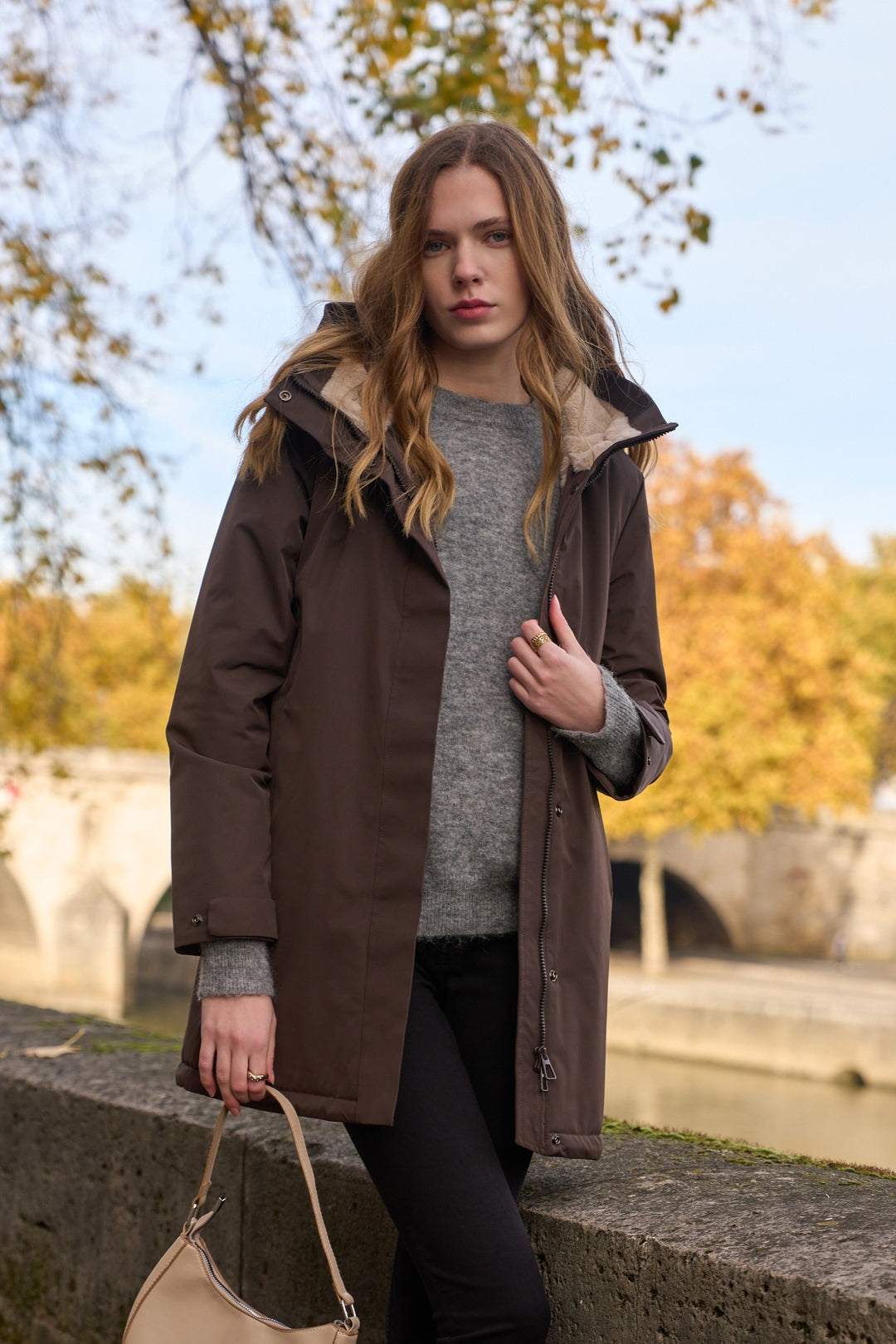 LAURA JO - Parka fourrée imperméable AMBRE LONG - Chocolat / Beige