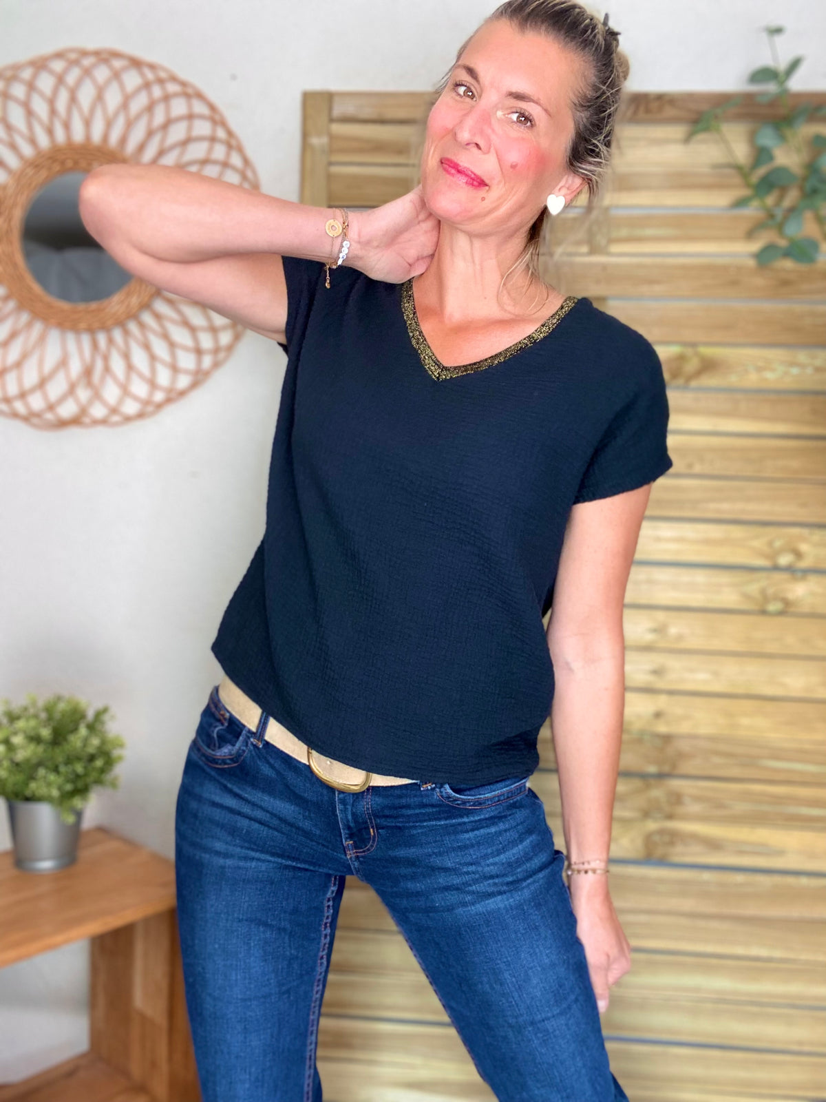 Top en gaze de coton et lurex MARTA - Noir