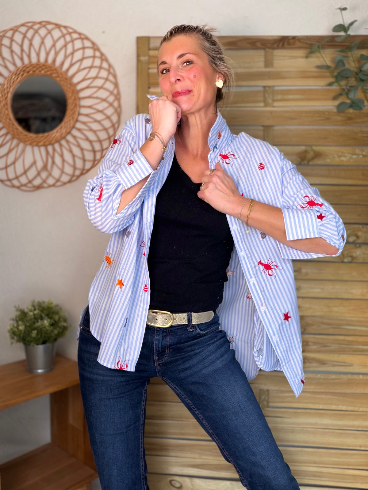Chemise bleue à rayures coquillages et crustacés - ELORY - FIN DE SÉRIE
