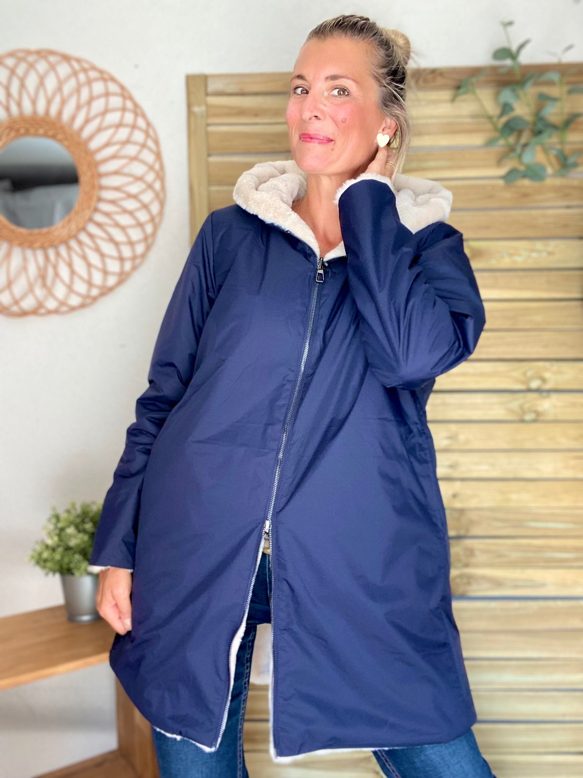 LAURA JO - Parka Imperméable réversible fourrée Bleu marine / Beige ALIX Long