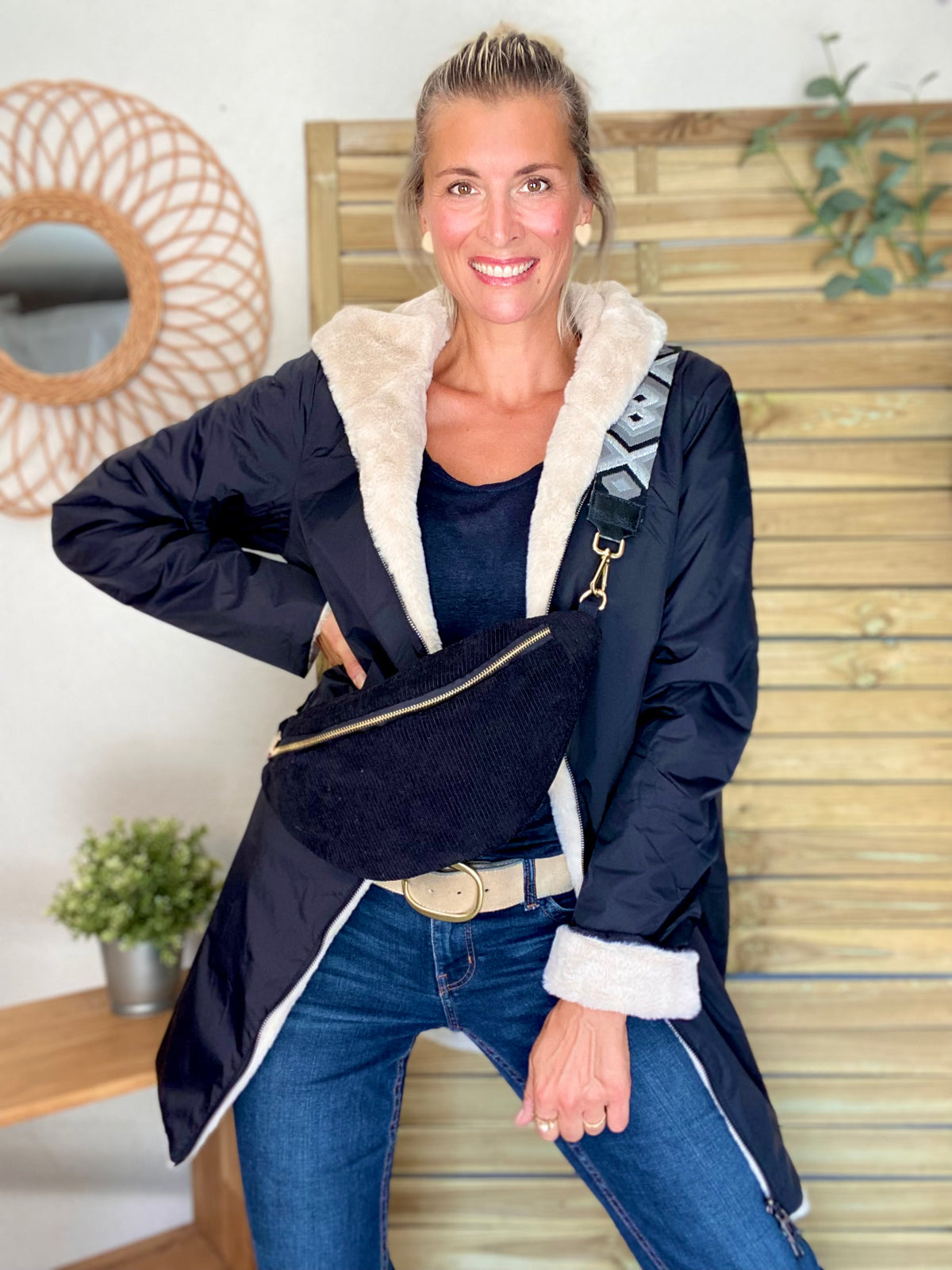 LAURA JO - Parka Imperméable réversible fourrée Noir / Beige ALIX long