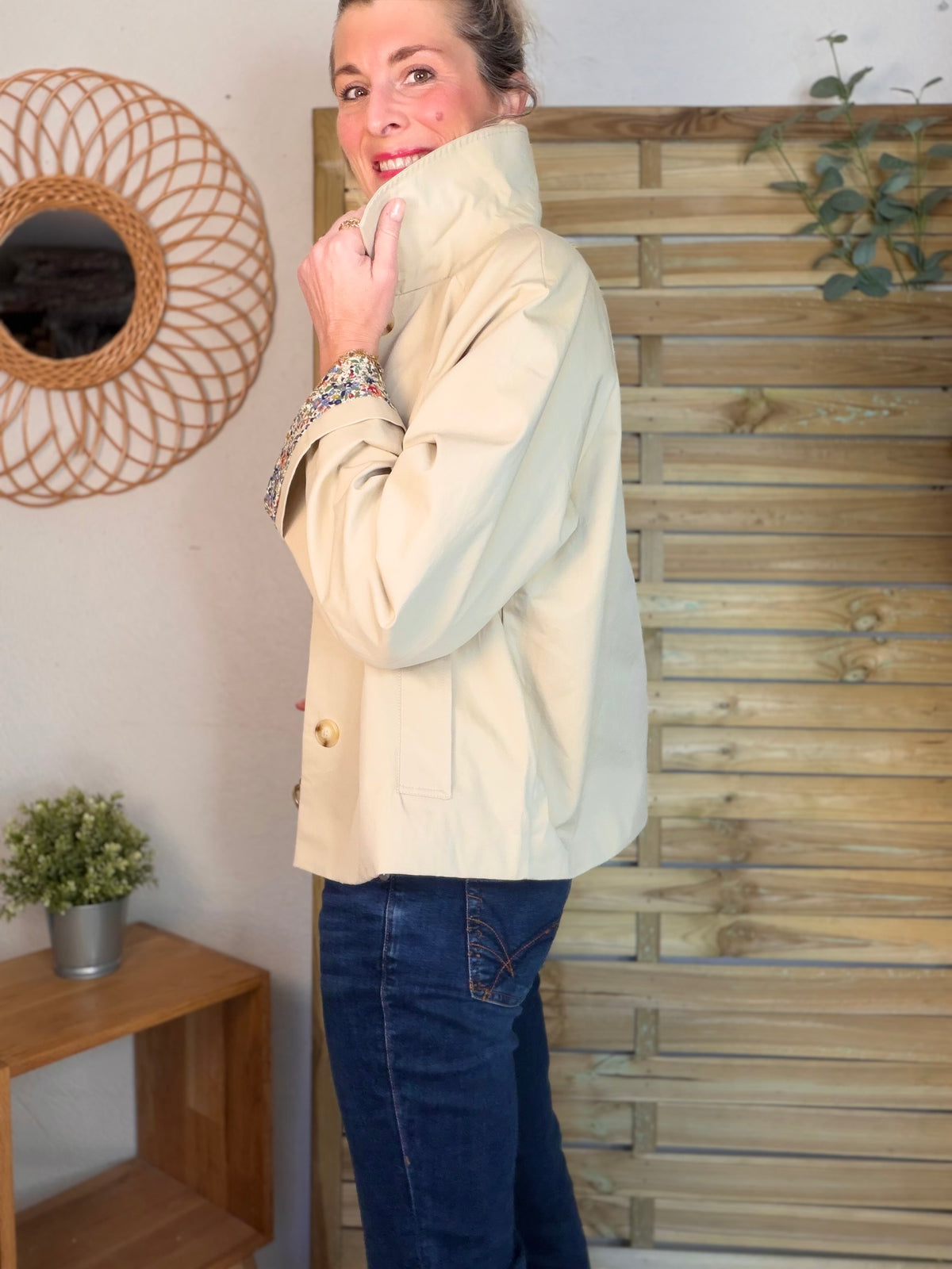 Veste Trench en coton beige avec Liberty - MARION (Taille 2 ans à la Taille XL)