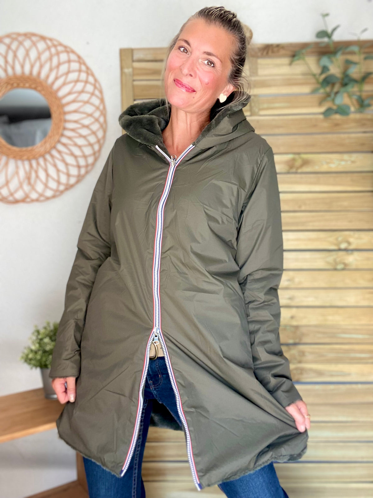 LAURA JO - Parka Imperméable réversible fourrée Kaki / Kaki ALIX Long • DÉSTOCKAGE sur Taille S