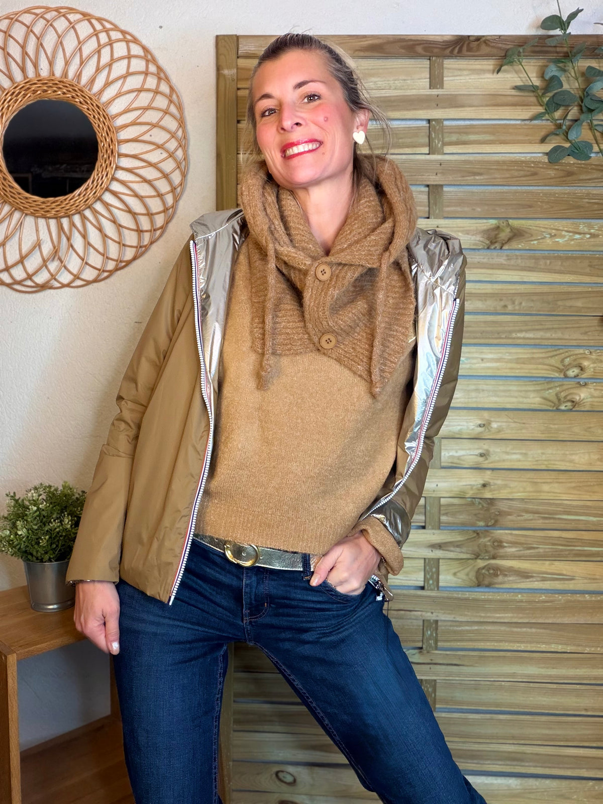 Col cagoule LORIE en maille avec boutons - Camel