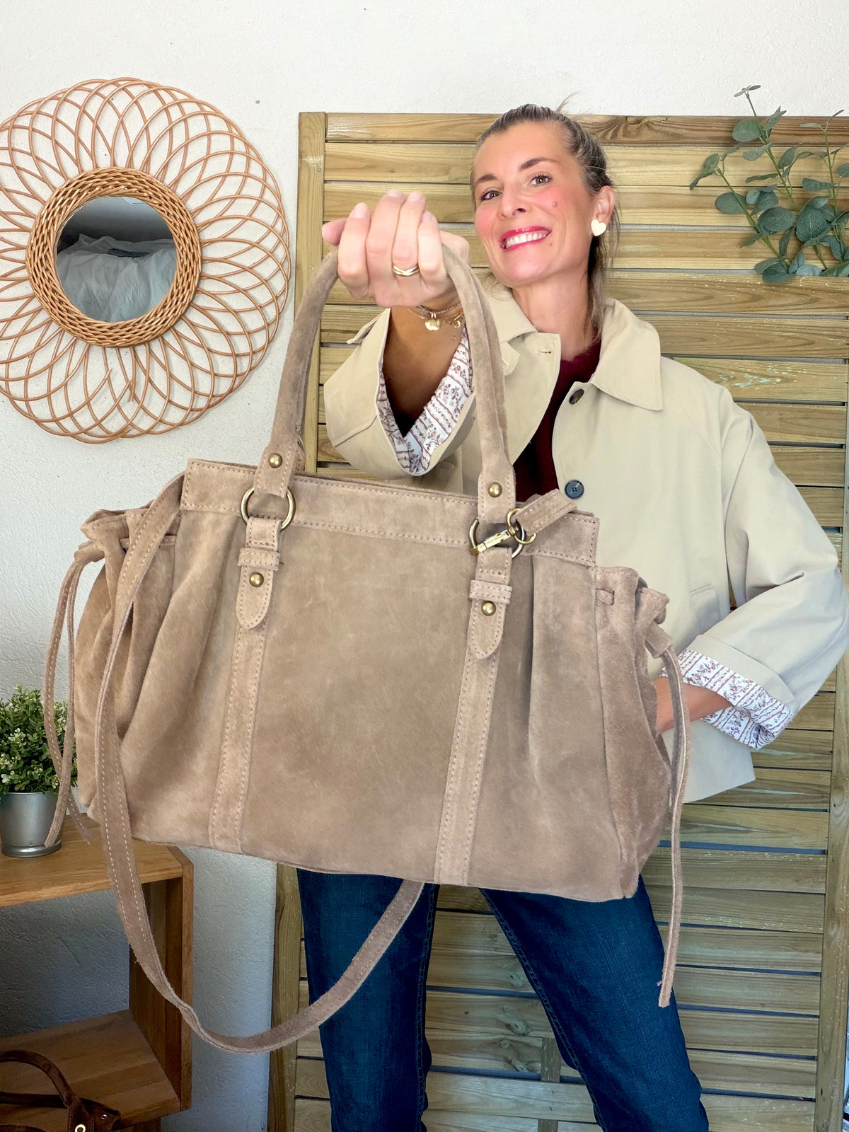 Sac cabas XL en cuir daim • PARKER Taupe