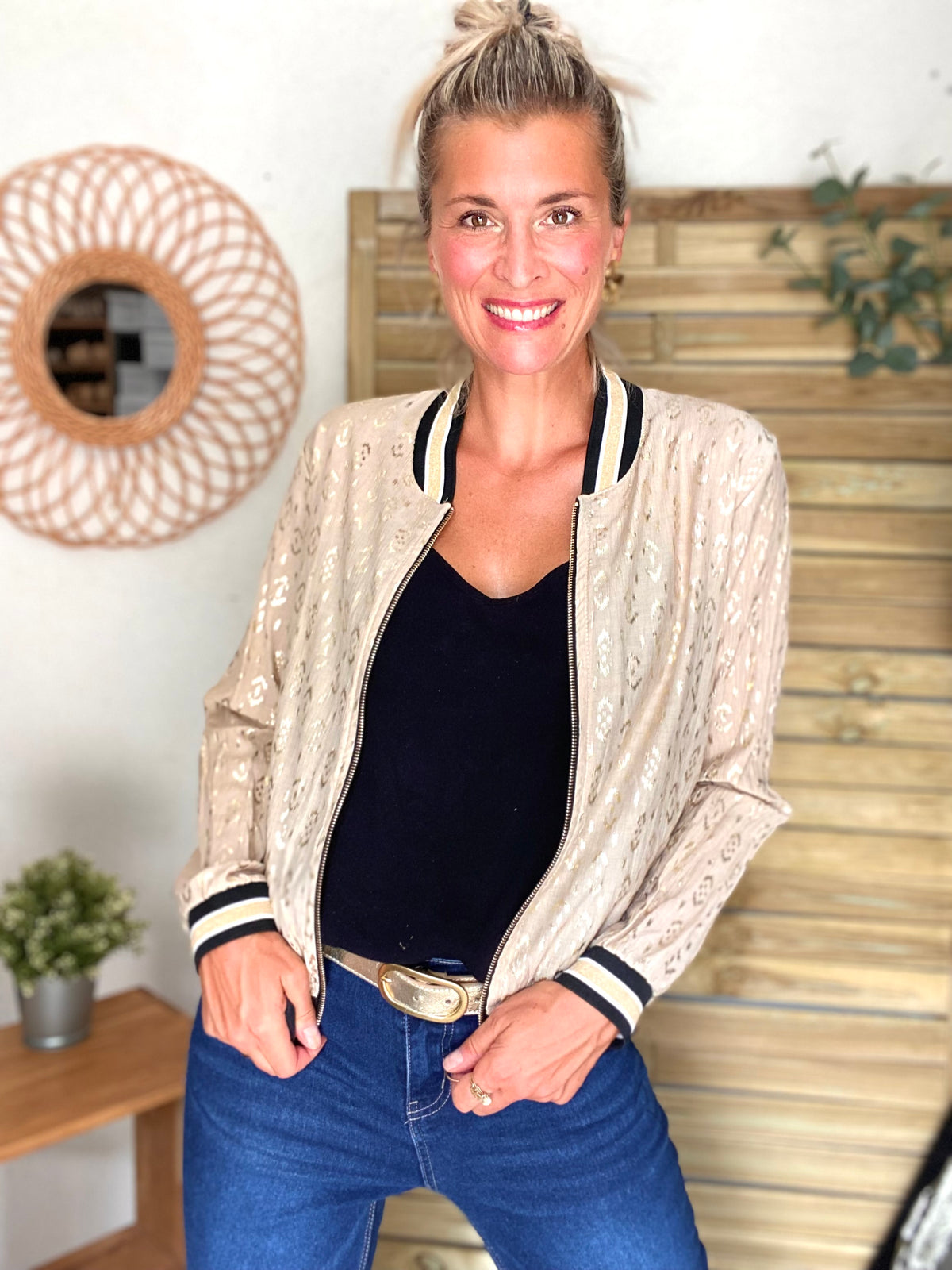Veste bombers léger EMILY - imprimé Doré Beige (losanges)