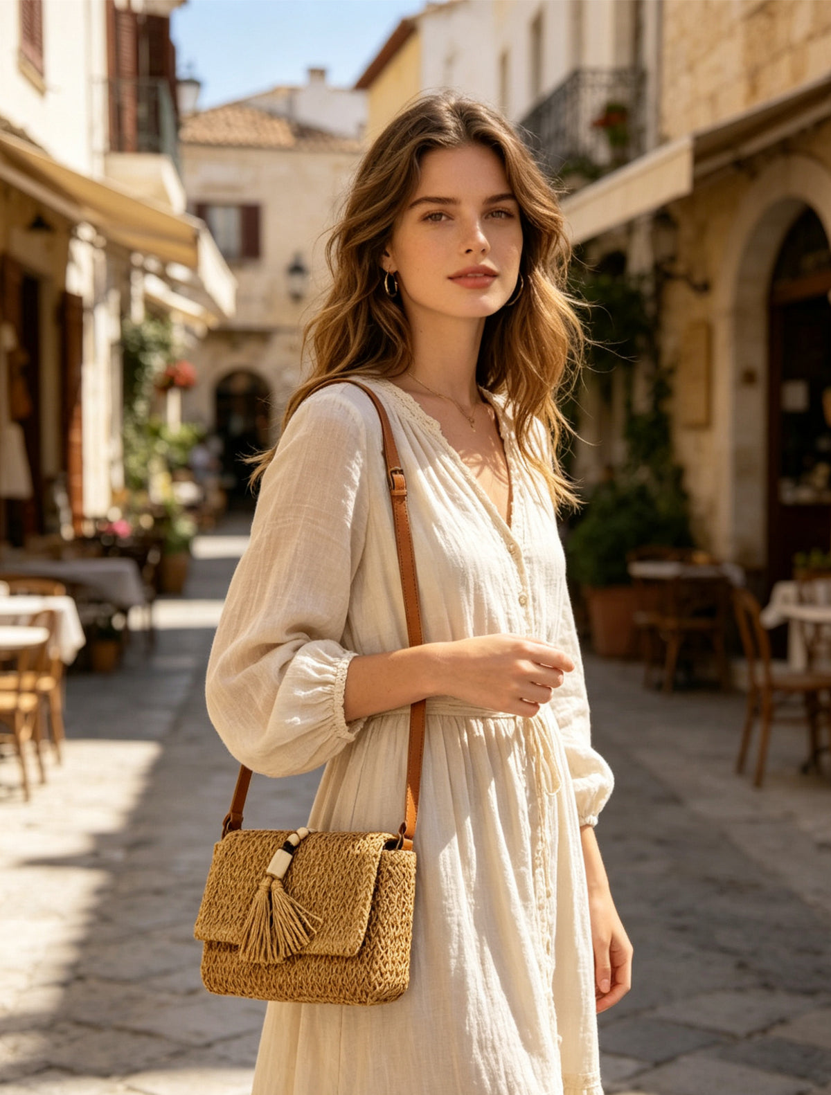 Sac à main avec pompon en raphia ISORA Camel - FIN DE SÉRIE
