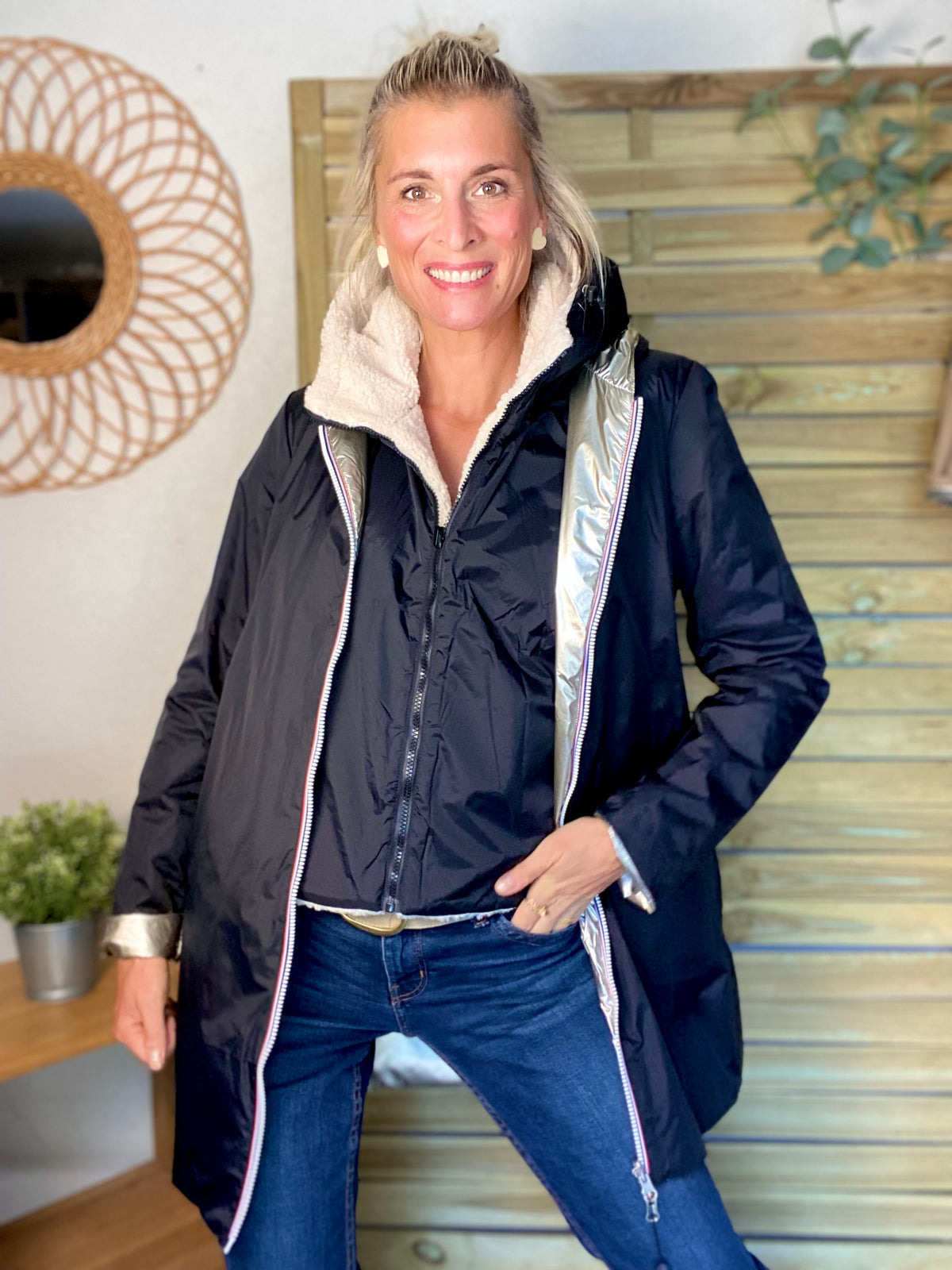 LAURA JO - Col capuche amovible réversible TONY - Noir / Sherpa écru
