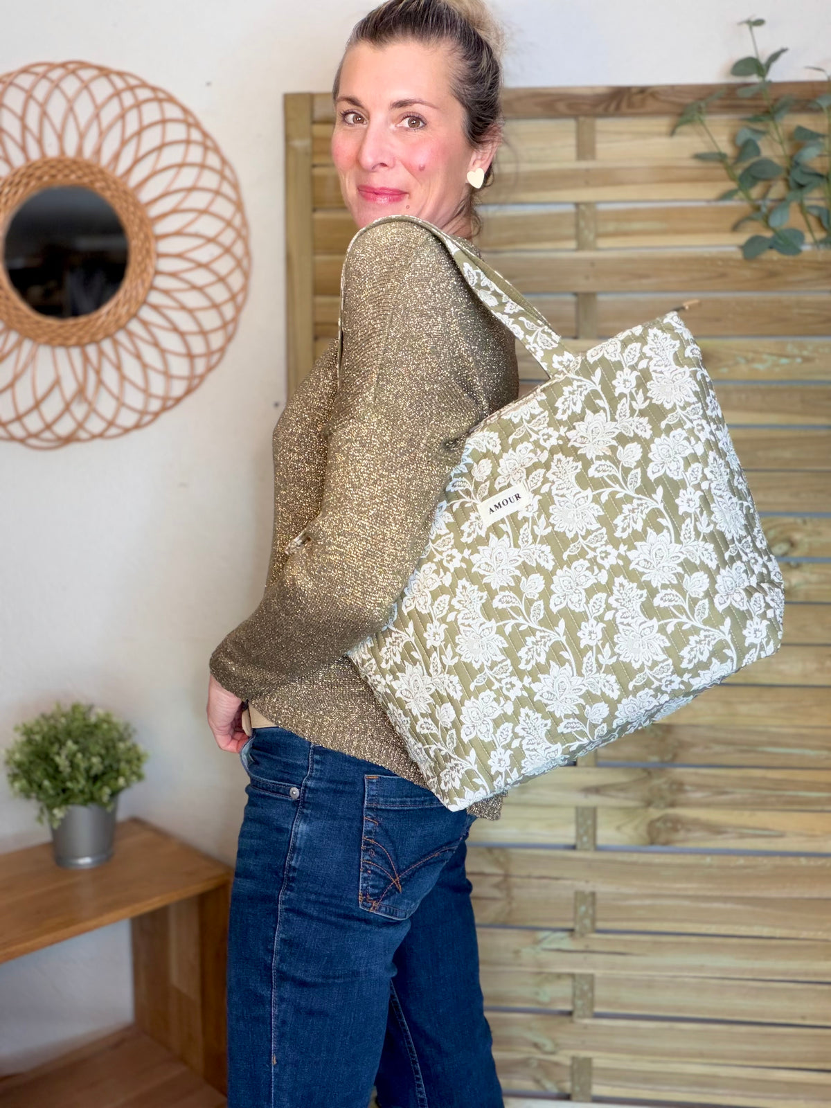Sac cabas imprimé PIERCE - fleuri Kaki - FIN DE SÉRIE