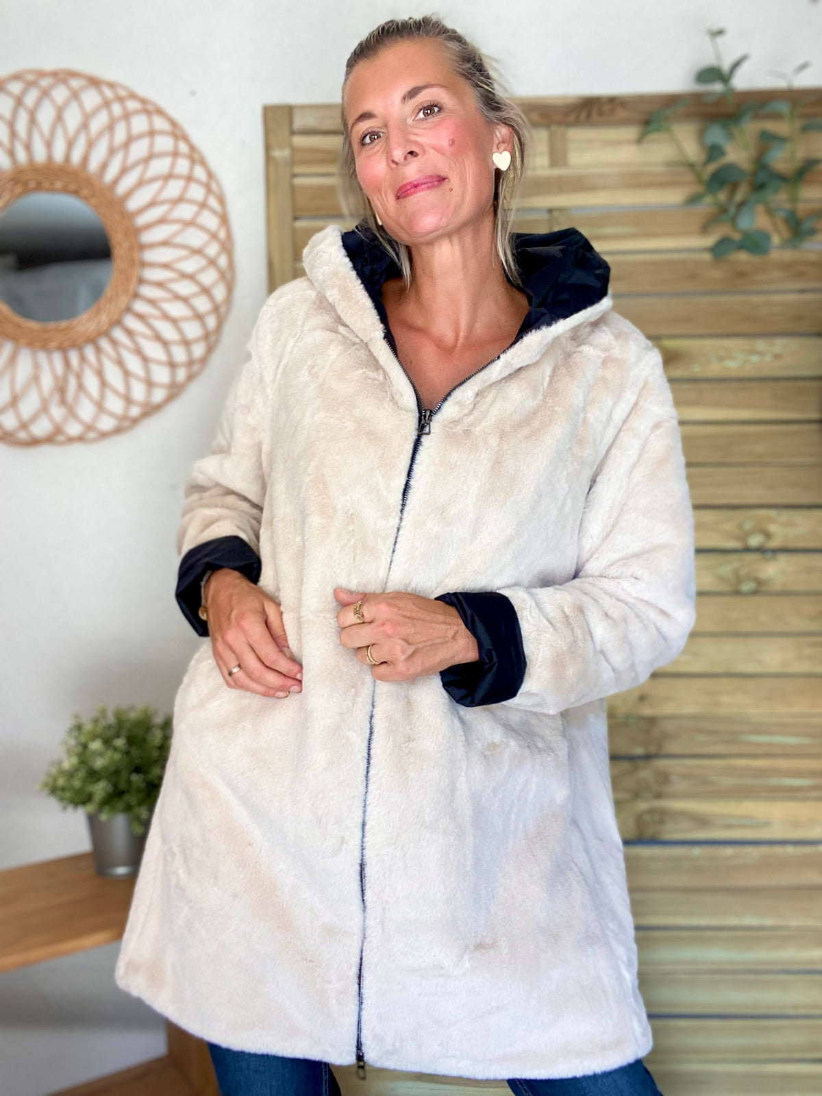 LAURA JO - Parka Imperméable réversible fourrée Noir / Beige ALIX long