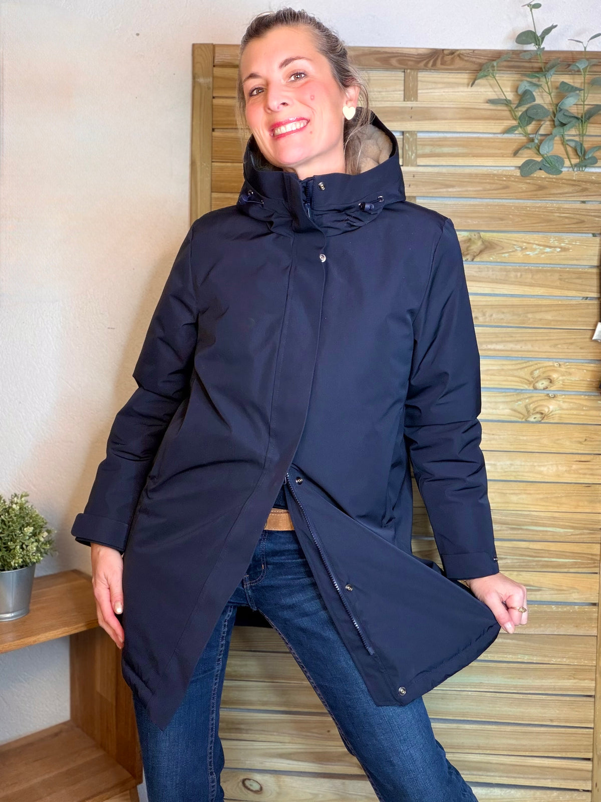 LAURA JO - Parka fourrée imperméable AMBRE LONG - Bleu marine / Beige