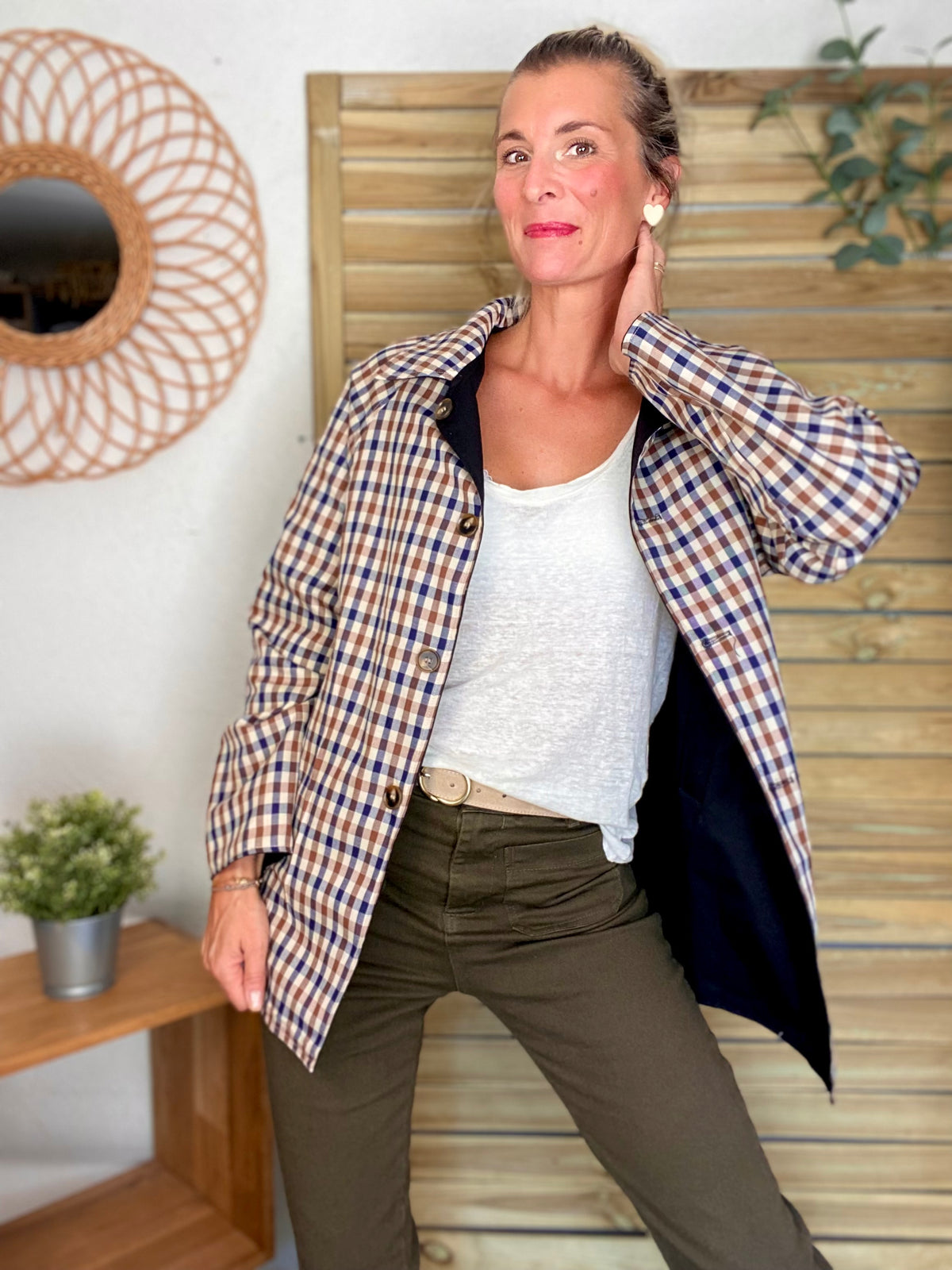 Veste Trench mi long réversible vichy LENA Noir - FIN DE SÉRIE