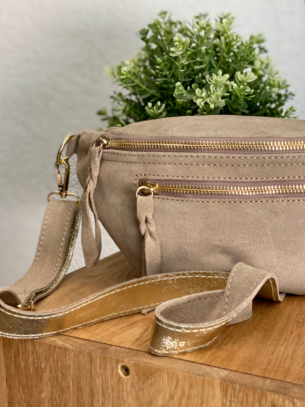 Sac banane double poche en cuir daim - OPALINE - Beige