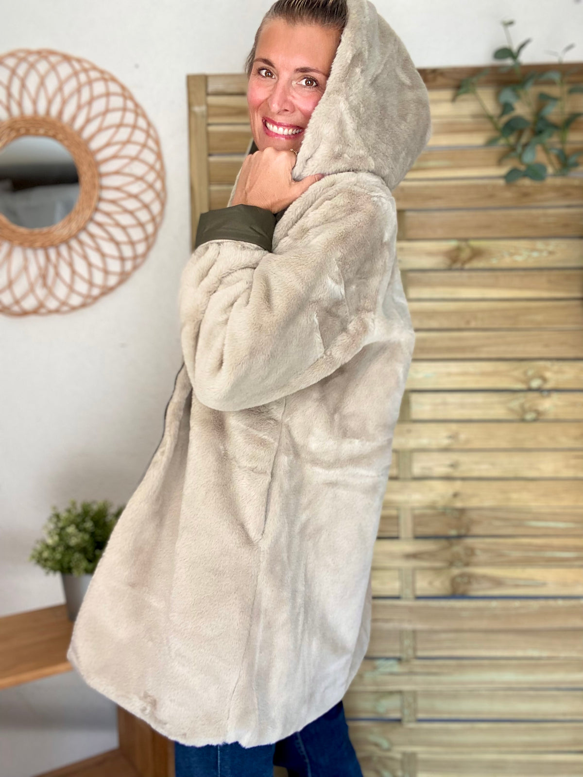 LAURA JO - Parka Imperméable réversible fourrée Kaki / Beige ALIX Long
