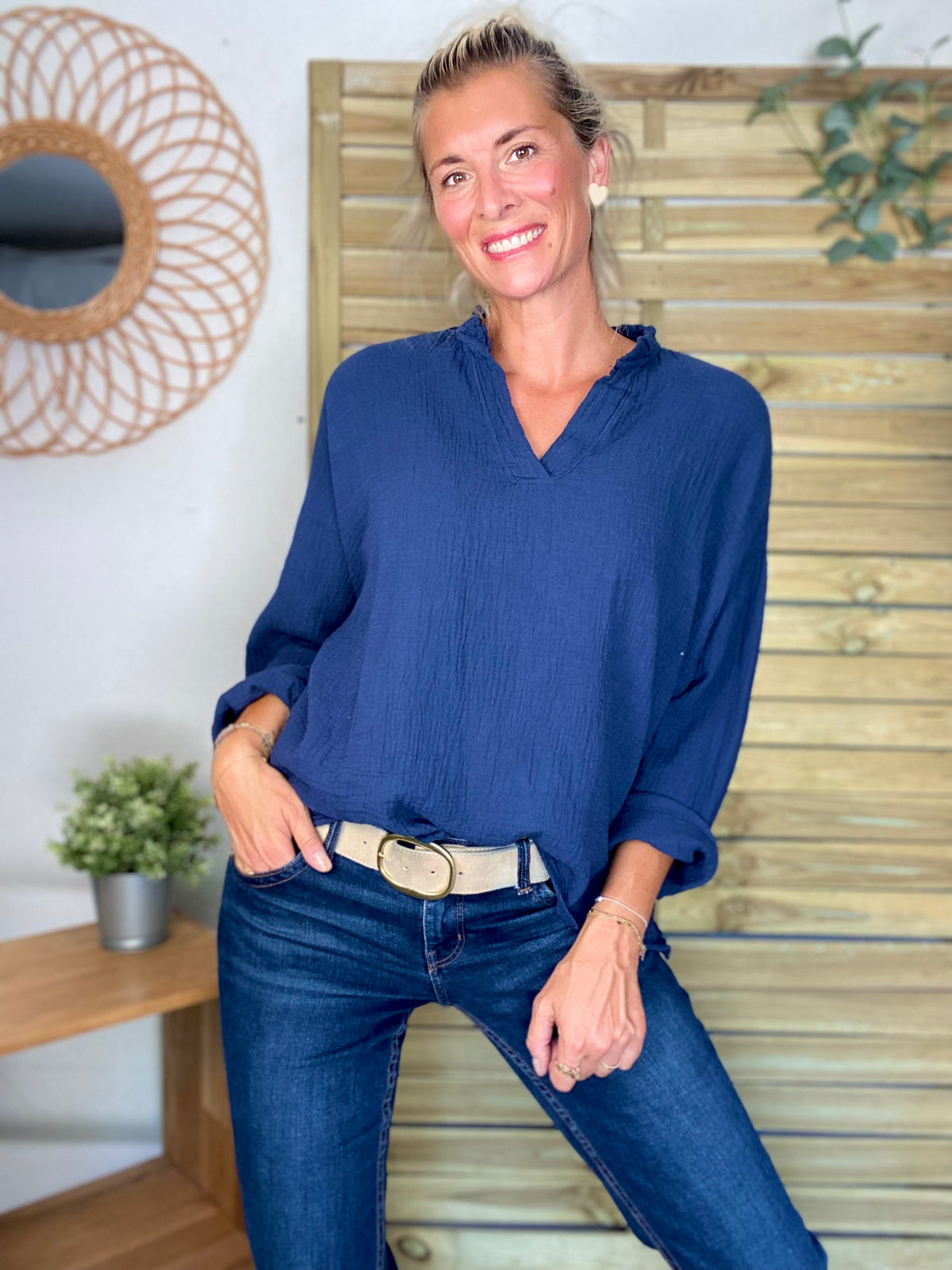 Blouse en gaze de coton SIERRA Bleu marine - manches longues • FIN DE SÉRIE