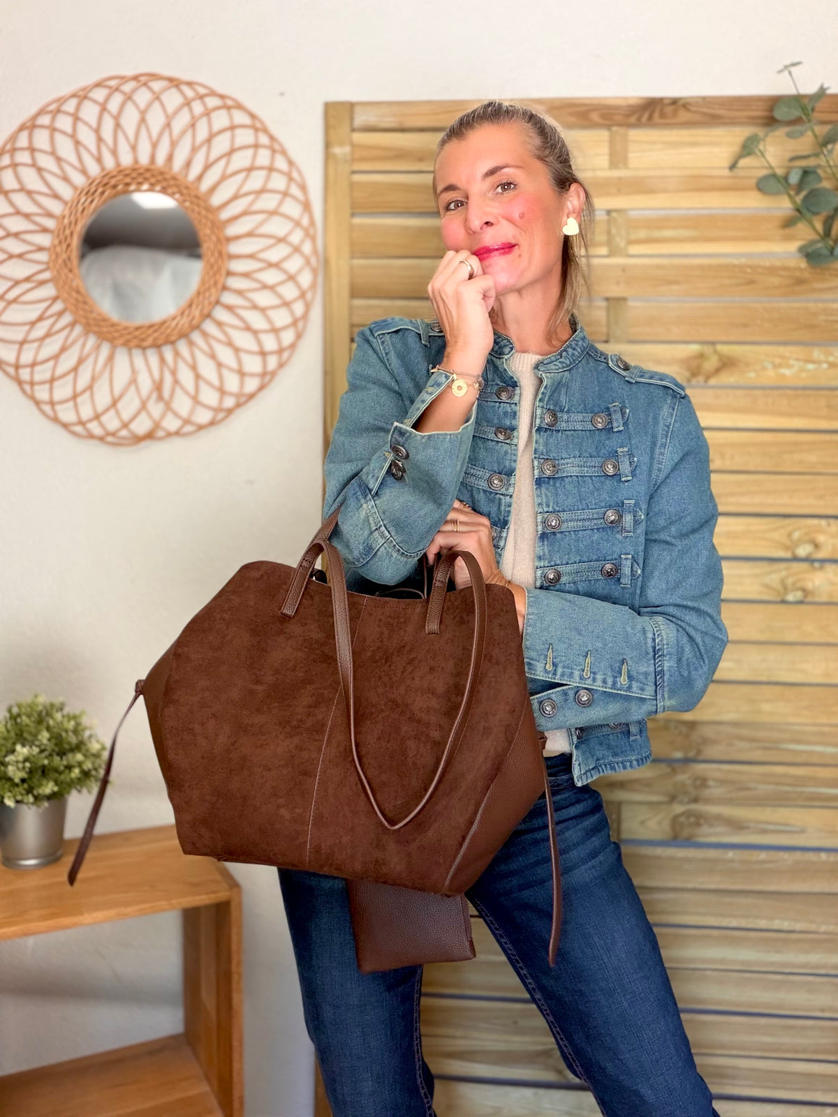 Grand Sac cabas 2 en 1 en simili daim - PAULE Chocolat