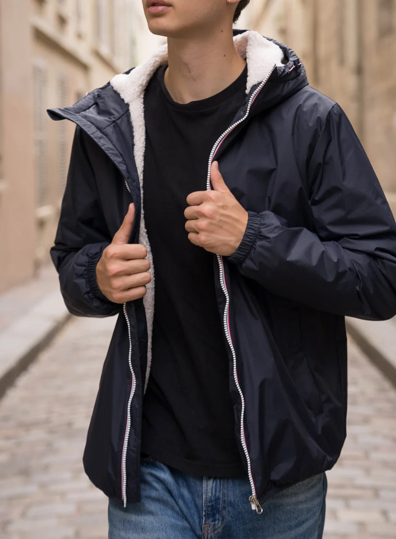 LAURA JO - Parka Imperméable Homme LOUIS* COURT Bleu marine / sherpa écru
