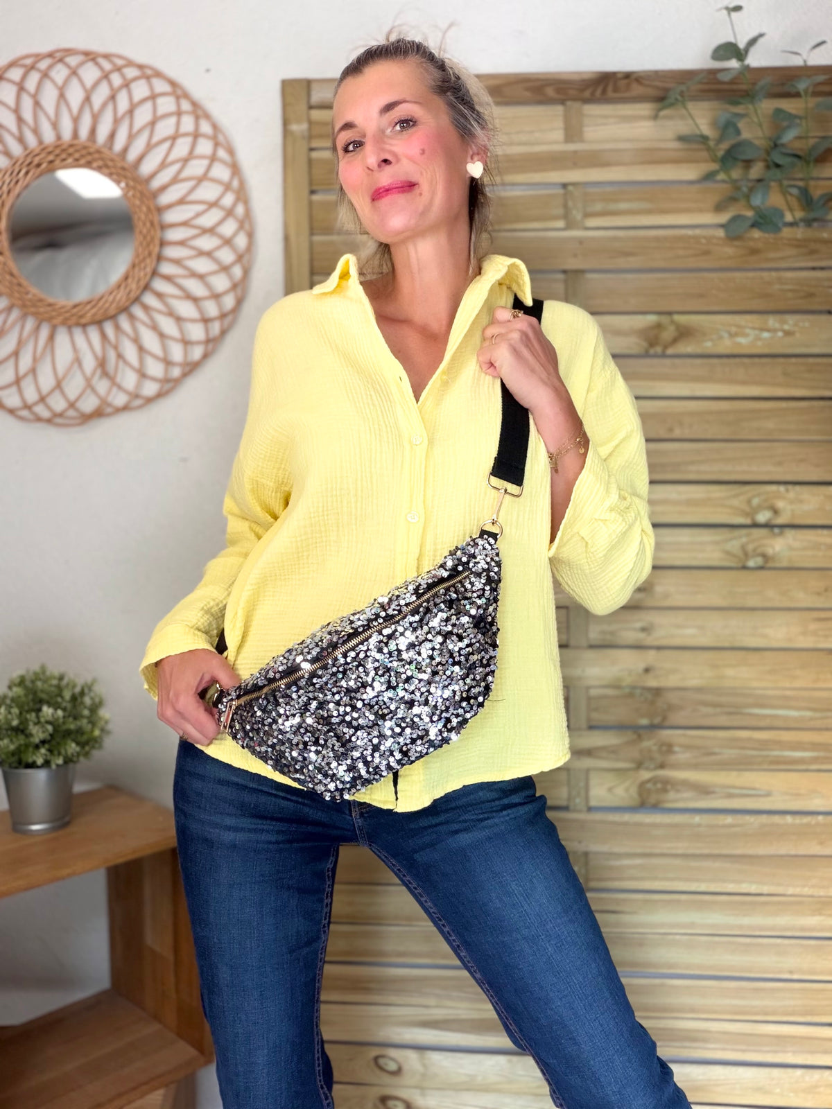 Sac banane L velours à sequins Ciao Boum- TAYLOR - Noir / Argent - DÉSTOCKAGE