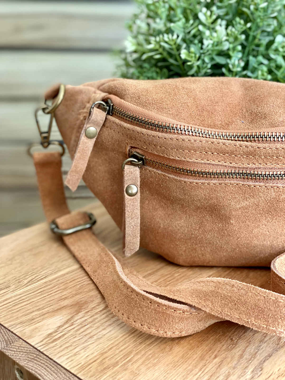 Sac banane double poche en cuir daim - OPALINE - Camel