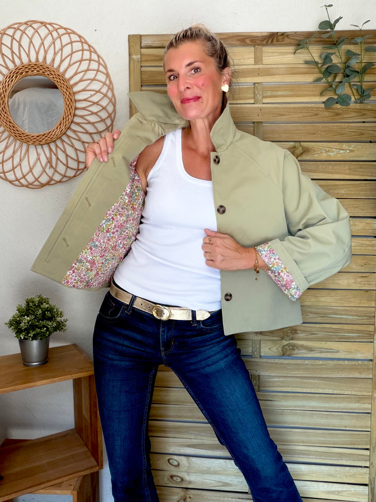 Veste Trench en coton Vert amande avec Liberty - MAHAUT - LILI et LALA