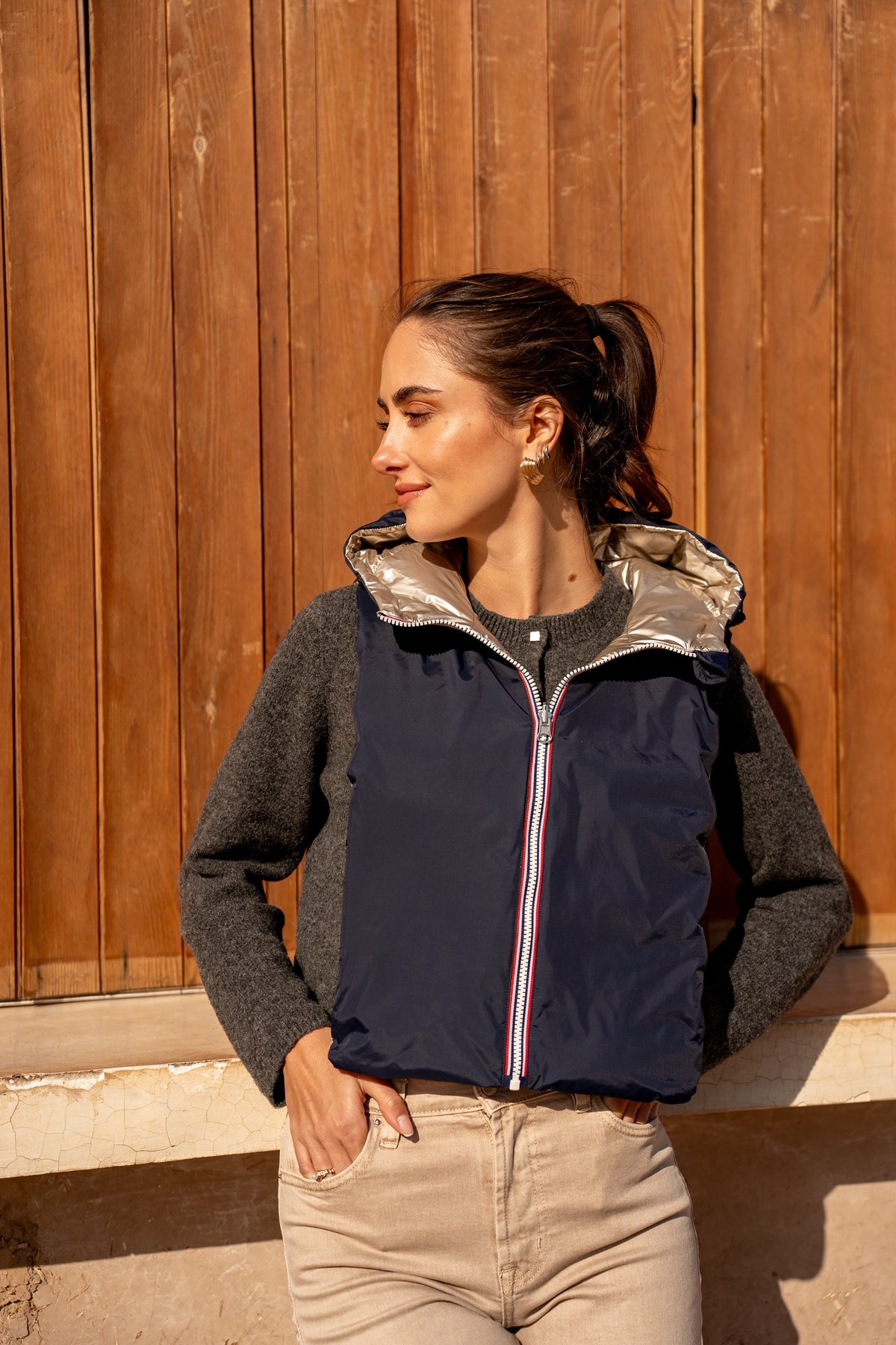 LAURA JO - Col capuche amovible réversible  DANY - Bleu Marine / Doré