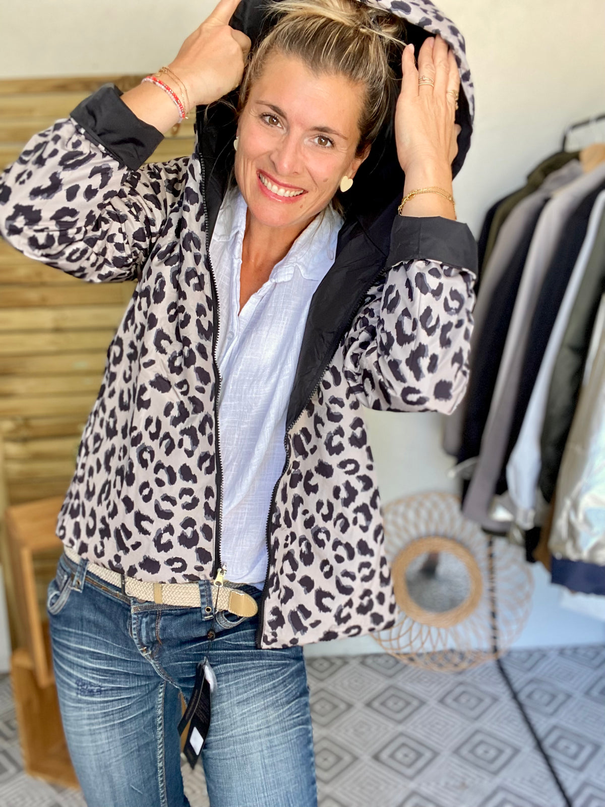 LAURA JO - Imperméable réversible rembourré LOUISON COURT - Noir / léo • DÉSTOCKAGE sur Taille XL